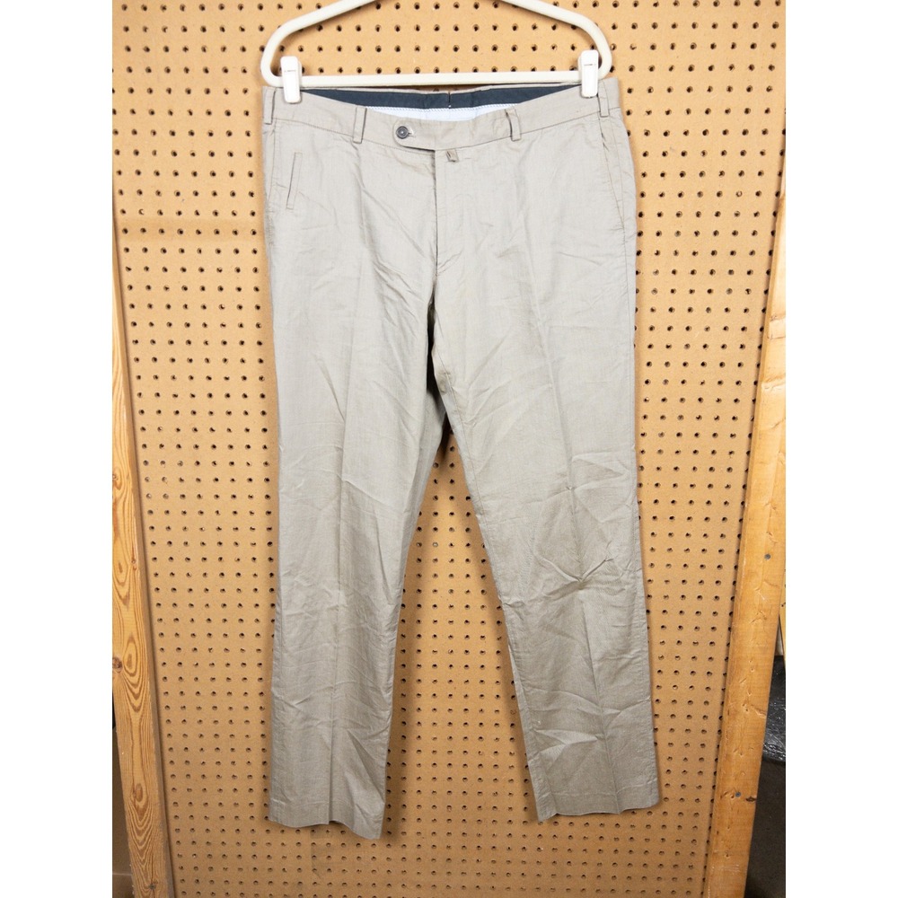 Massimo Dutti Mens Khaki Tan Flat Front Straight Leg Cotton Trousers Pants 36/36